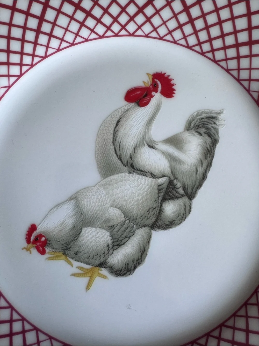 Vtg Haldon Group dinner plate, white rooster & hen chickens, red lattice border